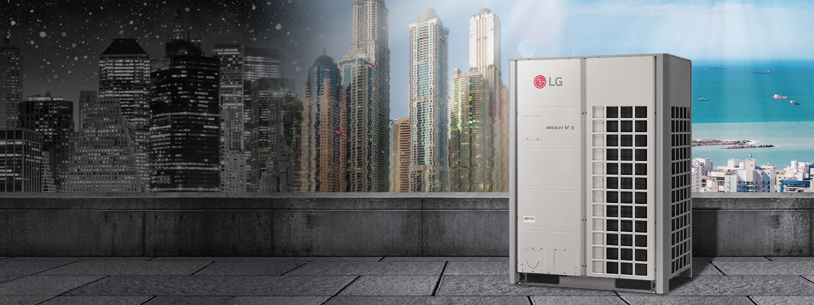 LG HVAC MULTI V 5 unit on a rooftop in front of a modern city skyline with skyscrapers and a waterfront.